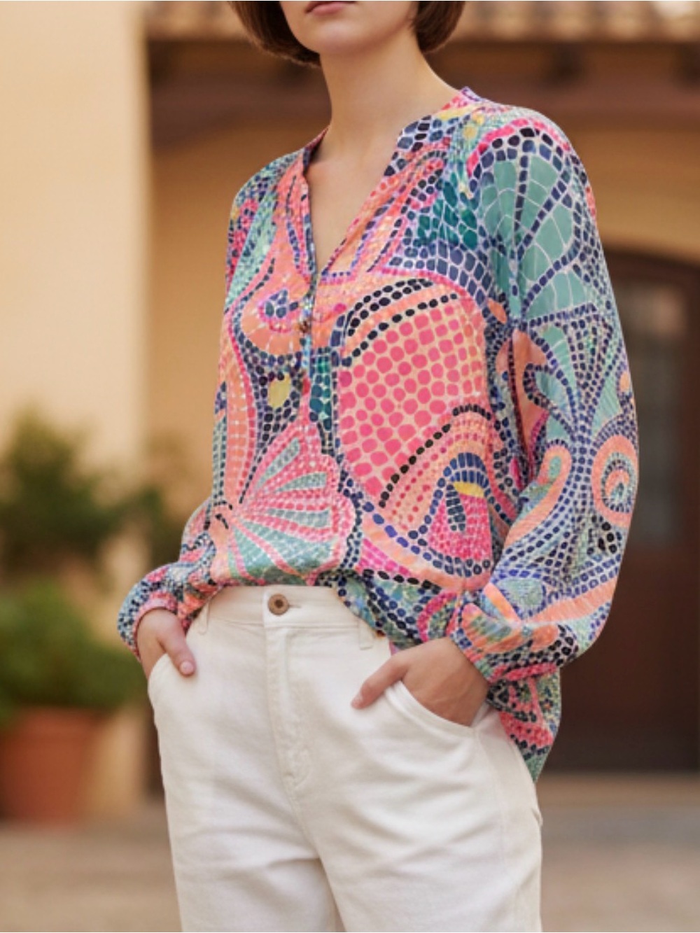 LILLY PULITZER Printed V-Neck Long Sleeve Tunic Top - Pink Multi size XS